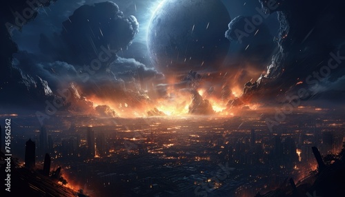 sci-fi scene of the meteorites explodes in the sky