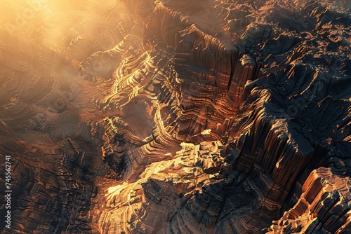A surreal canyon landscape with fractal patterns lit by the golden hour sun casting intricate shadows