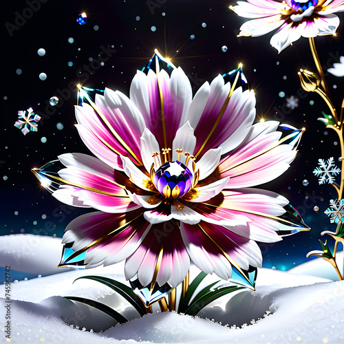 Capture the surreal elegance of a cosmos flower and delicate snowflake in 4K+ resolution against a snowy backdrop, accentuating their exquisite details and opulent allure.(Generative AI) 