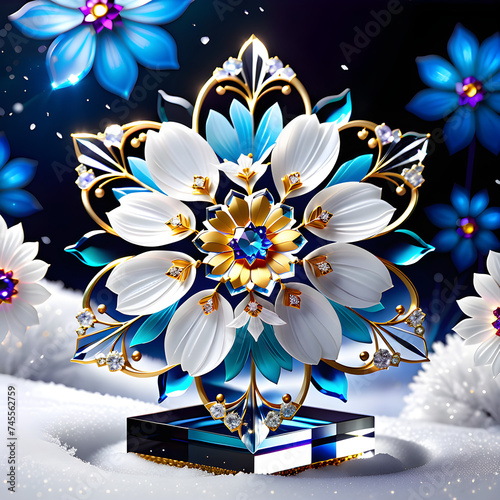 Capture the surreal elegance of a cosmos flower and delicate snowflake in 4K+ resolution against a snowy backdrop, accentuating their exquisite details and opulent allure.(Generative AI) 