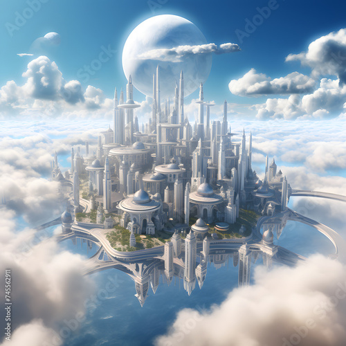 Flying floating city above the clouds sky heaven land