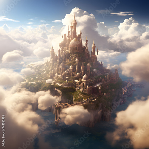 Flying floating city above the clouds sky heaven land