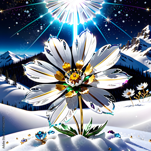 Capture the surreal elegance of a cosmos flower and delicate snowflake in 4K+ resolution against a snowy backdrop, accentuating their exquisite details and opulent allure.(Generative AI) 