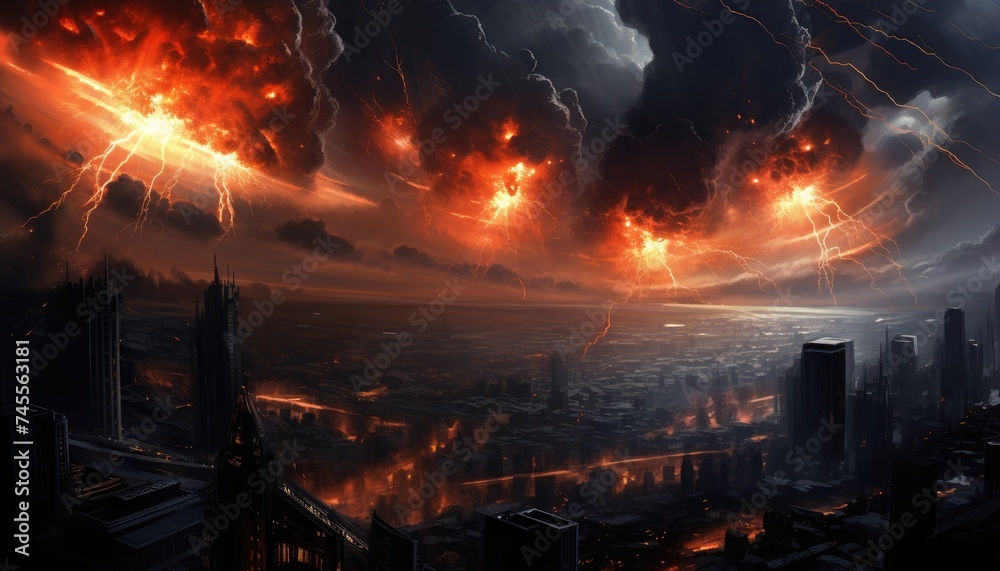 sci-fi scene of the meteorites explodes in the sky sci-fi scene of the meteorites explodes in the sky