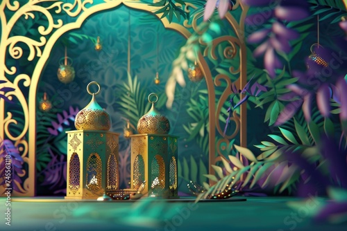 Ramadan Kareem background with arabic lanterns and flowers in green room