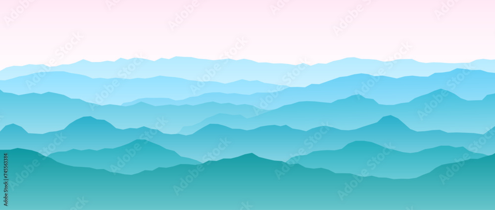 Mountain range silhouettes on sunset or sunrise. Morning panoramic landscape view. Mountain ridges and hills background. Blue pink mount peaks with mist and fog. Vector scenery terrain illustration 