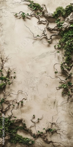 Moss Landscape Border on Beige Background in the Style of Varying Wood Grains - Aerial Illustration Smokey Twisted Branches Like Background created with Generative AI Technology