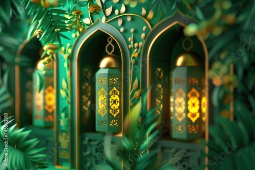 Ramadan Kareem background with arabic lanterns and green leaves