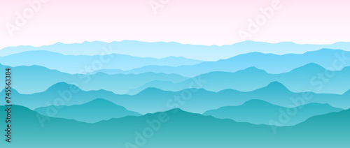 Mountain range silhouettes on sunset or sunrise. Morning panoramic landscape view. Mountain ridges and hills background. Blue pink mount peaks with mist and fog. Vector scenery terrain illustration 