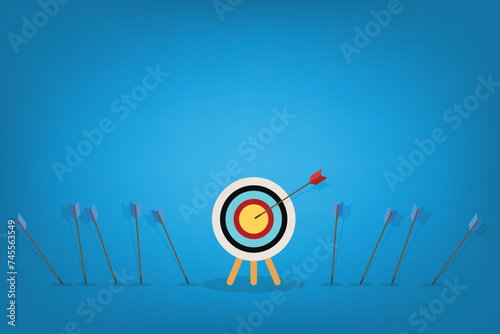 Business challenge failure and success concept. Blue arrows missed hitting target and only red one hits the center. Vector illustration.