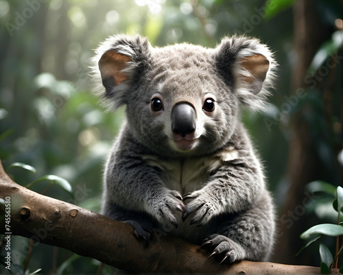 A cute Kawaii tiny hyper realistic koala with a plain background.
