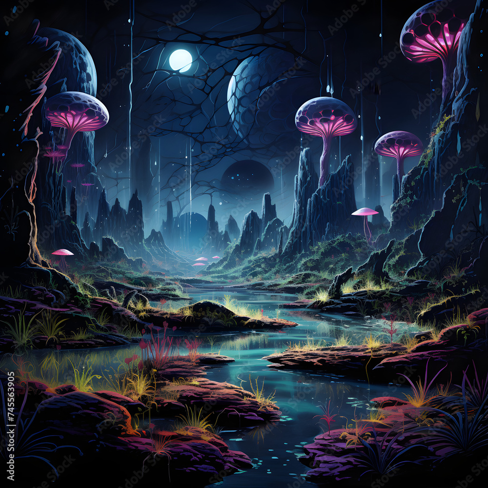Magical realm alien landscape painted with bioluminescent plant