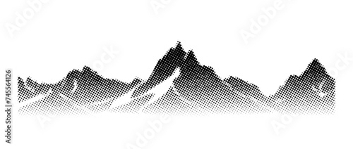 Black halftone mountain range. Grunge texture landscape terrain silhouette. Fading grainy hill chain wallpaper. Grunge dotted noise mountain peak background. Vector scenery rock or sand illustration