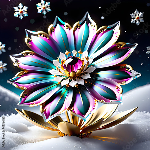 Capture the surreal elegance of a cosmos flower and delicate snowflake in 4K+ resolution against a snowy backdrop, accentuating their exquisite details and opulent allure.(Generative AI) 