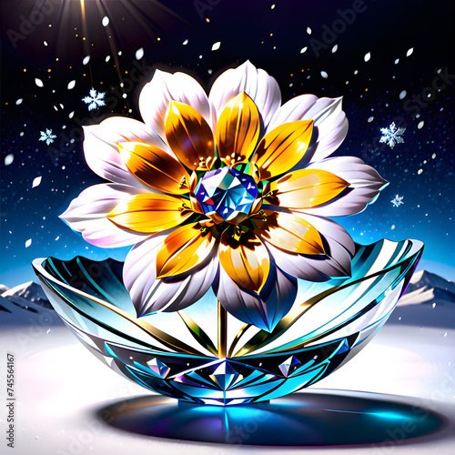 Capture the surreal elegance of a cosmos flower and delicate snowflake in 4K+ resolution against a snowy backdrop, accentuating their exquisite details and opulent allure.(Generative AI) 