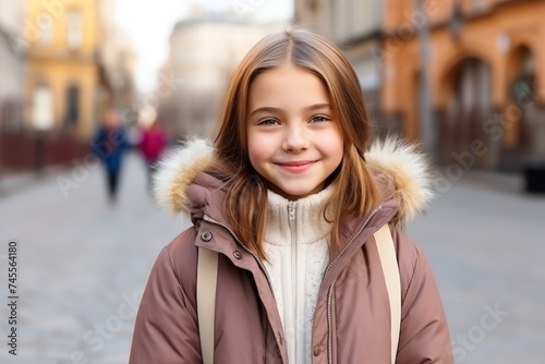 Outdoor portrait of a cute little girl in a city street.