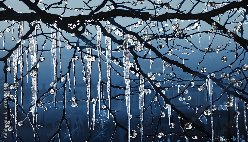 tree branches covered with snow crystallized winter icicles dripping diamond - obrazy, fototapety, plakaty 