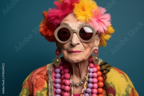 Portrait of an elderly hippie woman wearing colorful clothes and sunglasses