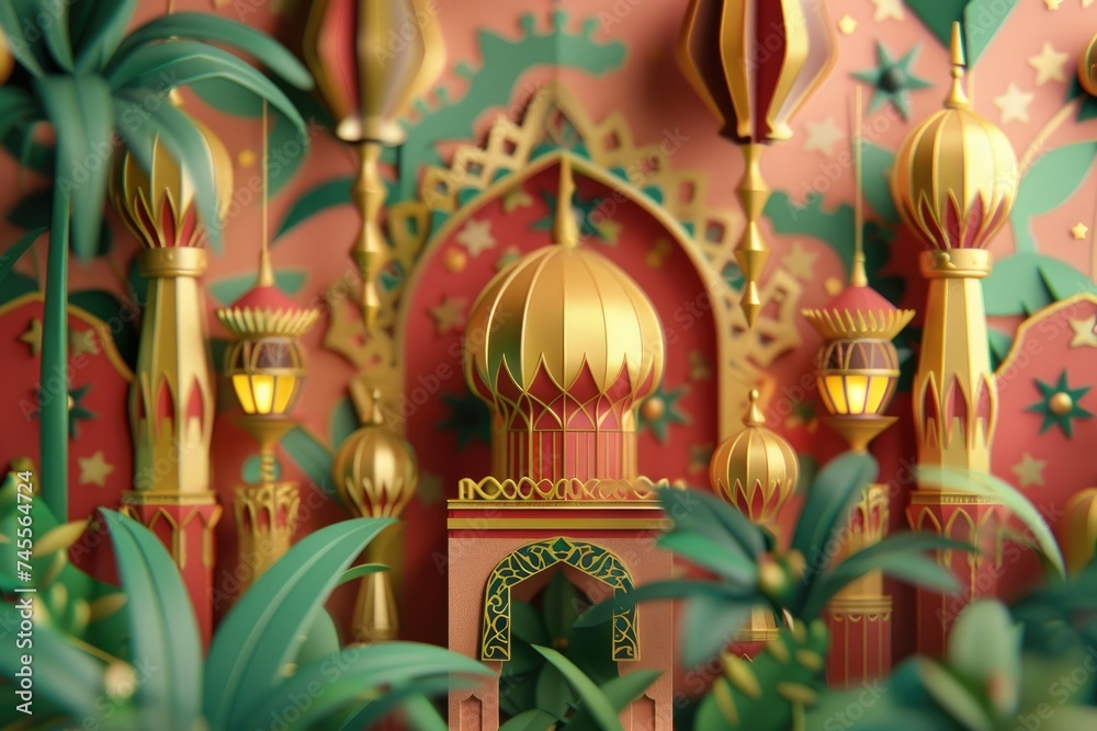Lanterns decorate the entrance to the mosque. Ramadan Kareem background Lanterns decorate the entrance to the mosque. Ramadan Kareem background