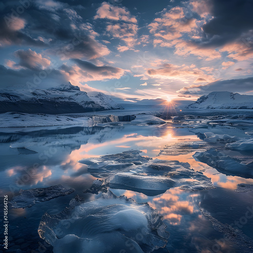 sunset over white cold ice glacier glacial ice