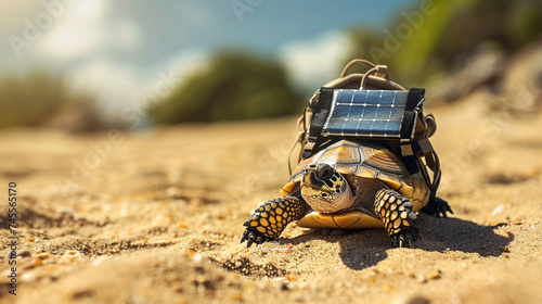A turtle with a solar powered backpack charger minimalist and eco friendly technology portrait