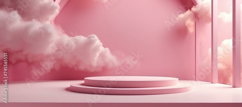 Pink 3D Product Podium with Cloudy Sky Background