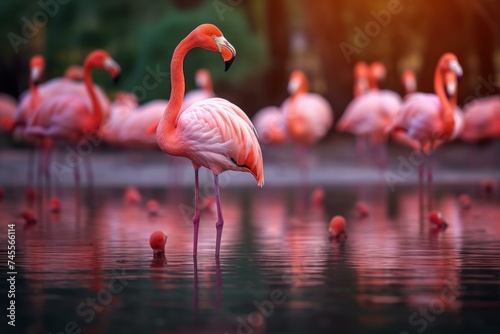 Flamingo lake water. Zoo birds. Generate Ai