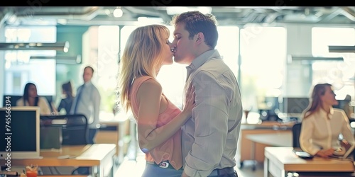 Coworkers kissing at the office - workplace dating and romance concept with flirtatious looks of infatuation  photo