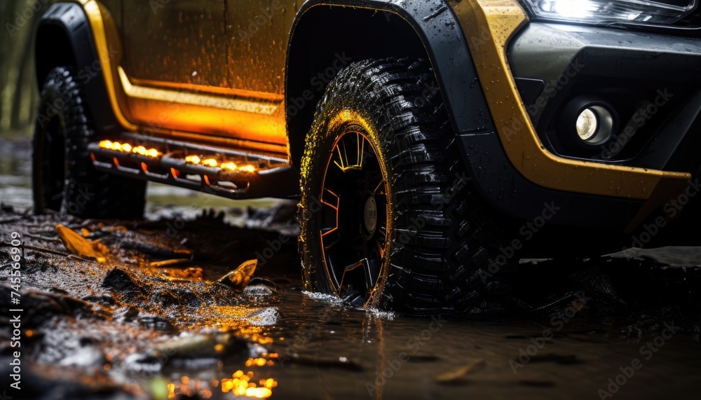 Fototapeta premium Off-road vehicle in the water. Off-road vehicle.