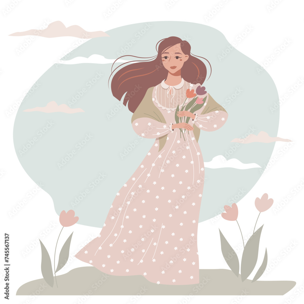 Nice girl in a long dress with floral pattern walking outdoor. Beautiful young woman with a flowers. Vector summer illustration in a flat style.