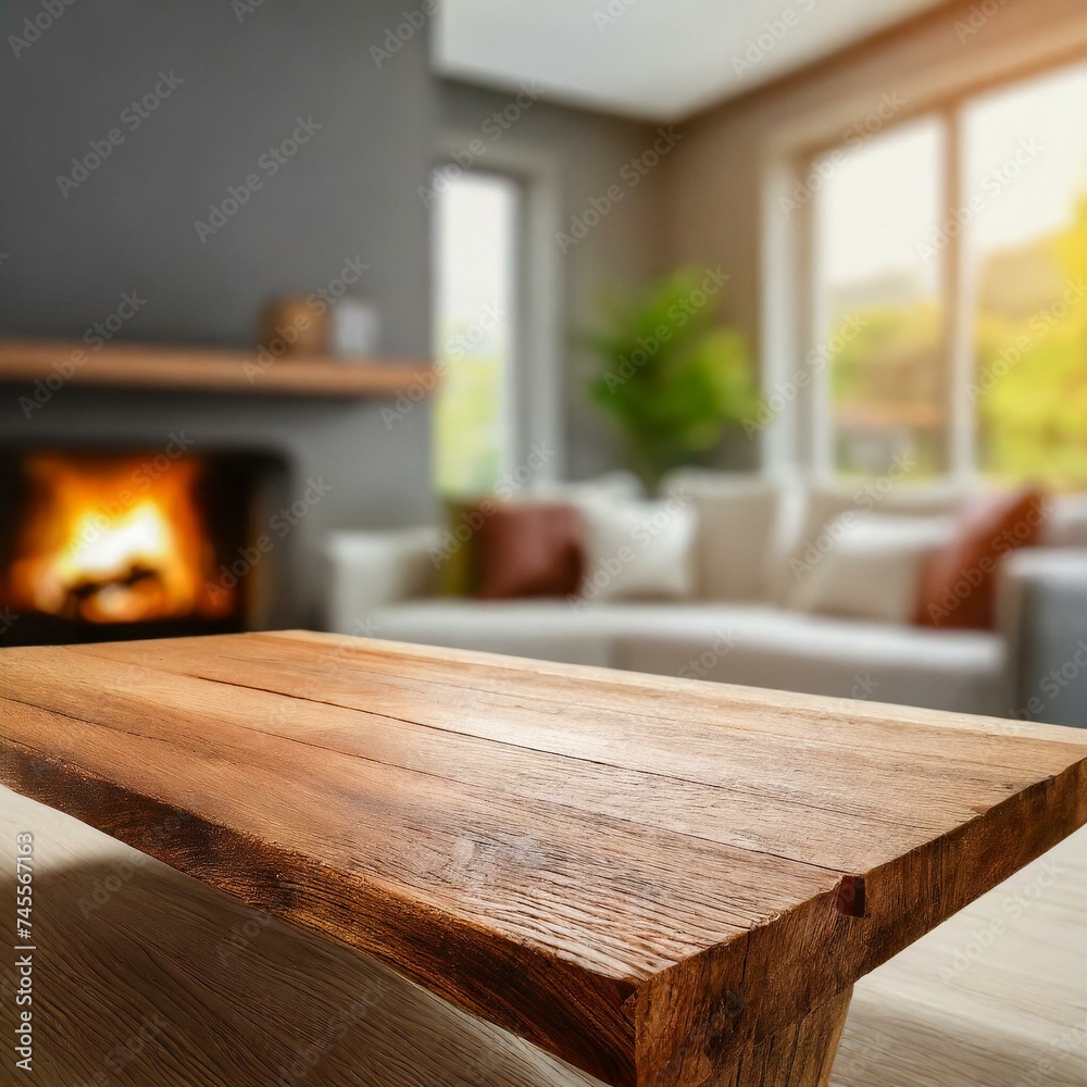 wooden tabletop with blurred  living room background, wallpaper  fireplace,wood table with modern apartment interior background, wallpaper 
