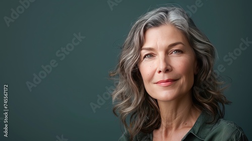 Generation X woman wearing fashionable business attire isolated on a solid background with studio lighting and copy space