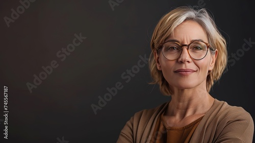 Generation X woman wearing fashionable business attire isolated on a solid background with studio lighting and copy space photo