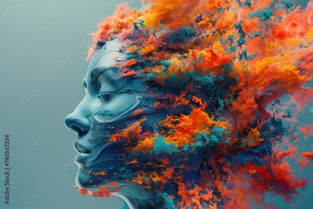 3D human head with vibrant color explosion, abstract art concept 3D human head with vibrant color explosion, abstract art concept