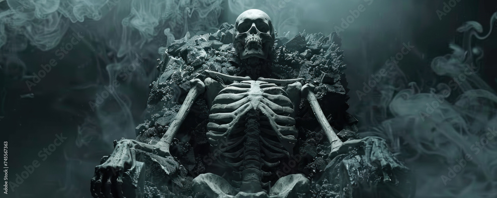 A skeleton seated on a throne of bones, ruling over darkness, for a horror book cover