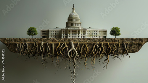 3D Capitol with dollar roots, showing the deep financial foundations of politics photo