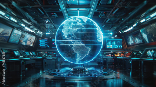 A holographic globe highlighting geopolitical risks to corporate operations, in a futuristic risk analysis lab