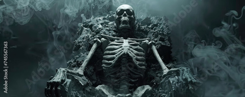 A skeleton seated on a throne of bones, ruling over darkness, for a horror book cover photo
