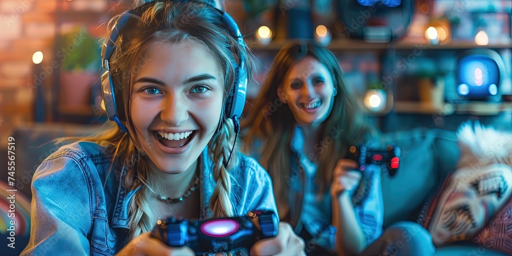Esports concept with young woman playing video games and competing to win