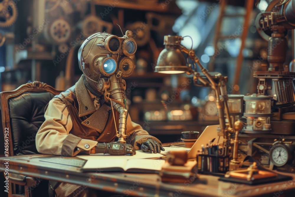 A steampunk interpretation of an AI infused business scene A steampunk interpretation of an AI infused business scene