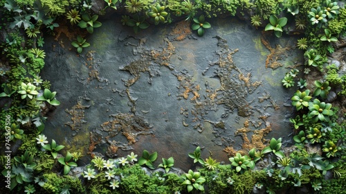 Mossy Woodland Texture on the Wall in the Style of Dark Minimalist Scrapbook, Objects - Decorative Nature Floral Borders Background created with Generative AI Technology