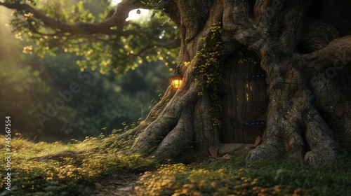 A wizened old tree with a door leading to a hidden elven kingdom