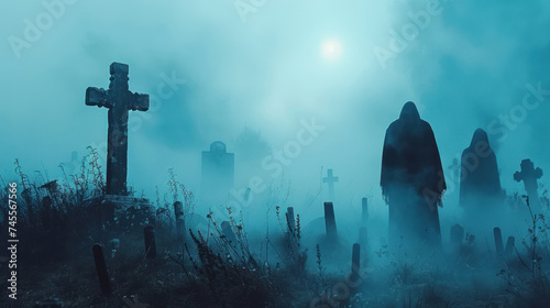 Eerie graveyard at midnight, skeletons emerging from the mist, a chilling book cover design