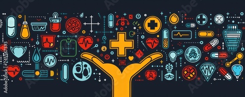 Hand presenting plus icon, signifying healthcare growth, amidst virtual medical icons