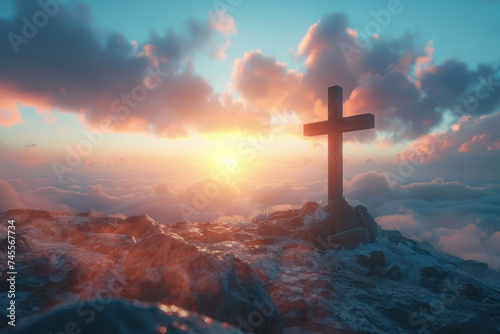 Religious cross or christian cross against morning sky backdrop