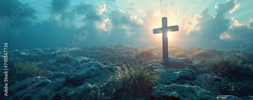 Religious cross or christian cross against morning sky backdrop photo
