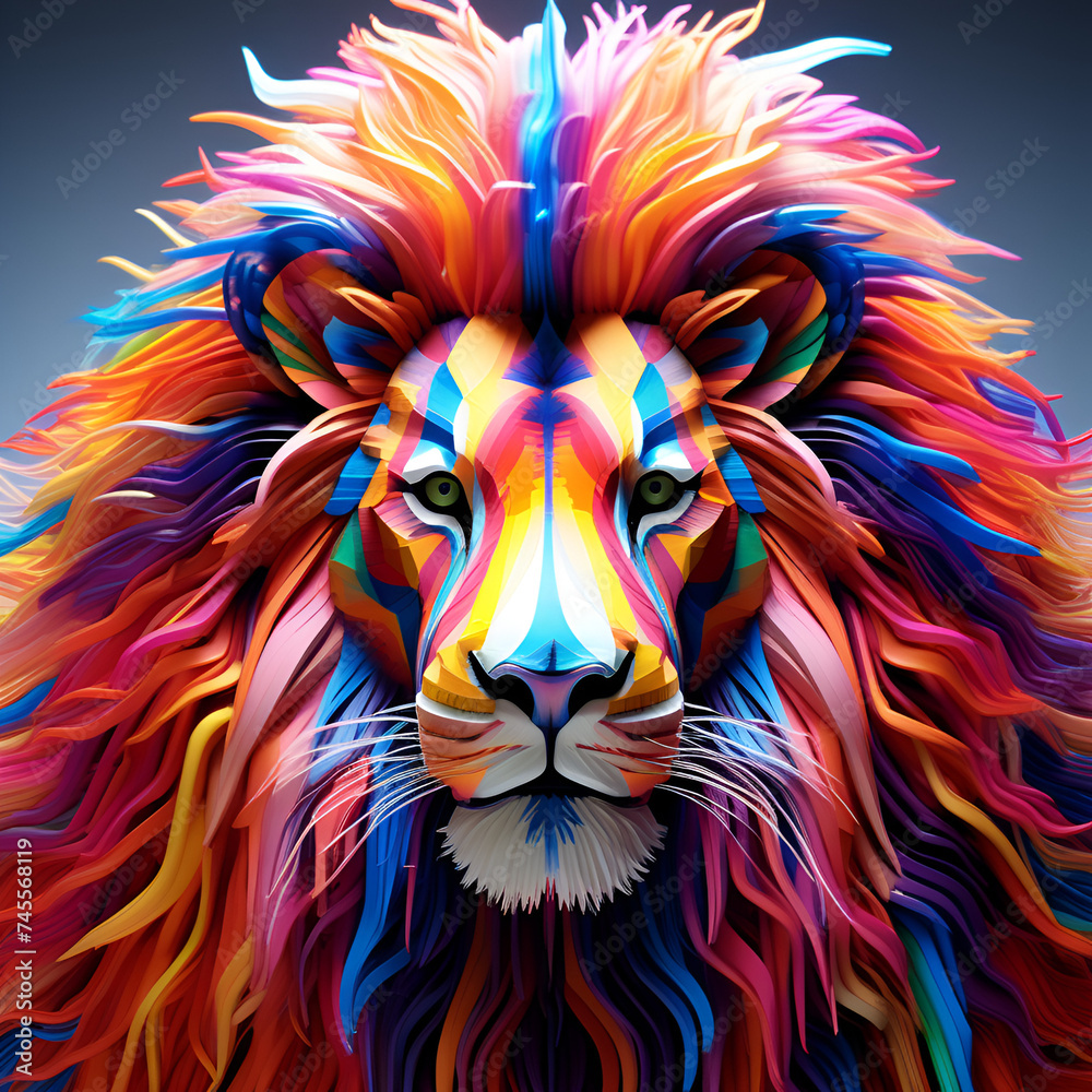 Threaded Majesty: Unveiling the Illusory Beauty of a Multicolored Lion Sculpted from Threads, Where Imagination and Reality Converge