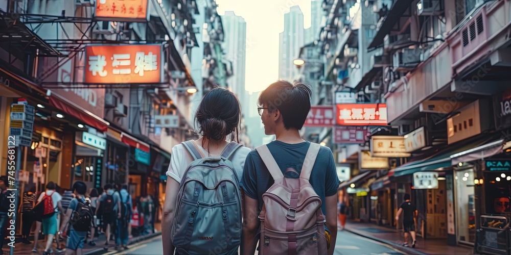 Young Millennial older Gen Z couple of tourists (man and woman) explore the city while on a vacation trip
