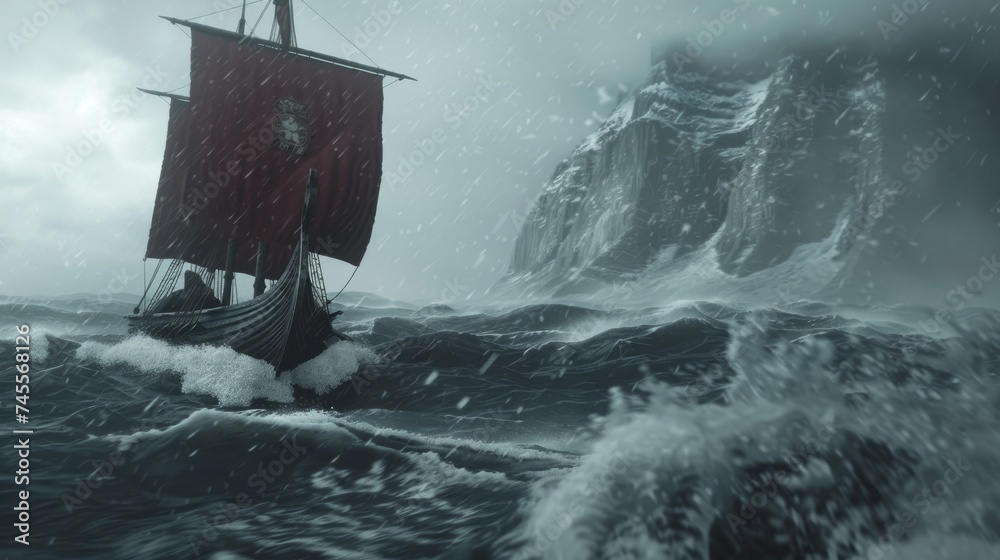 Viking ship sailing in rough seas - obrazy, fototapety, plakaty 