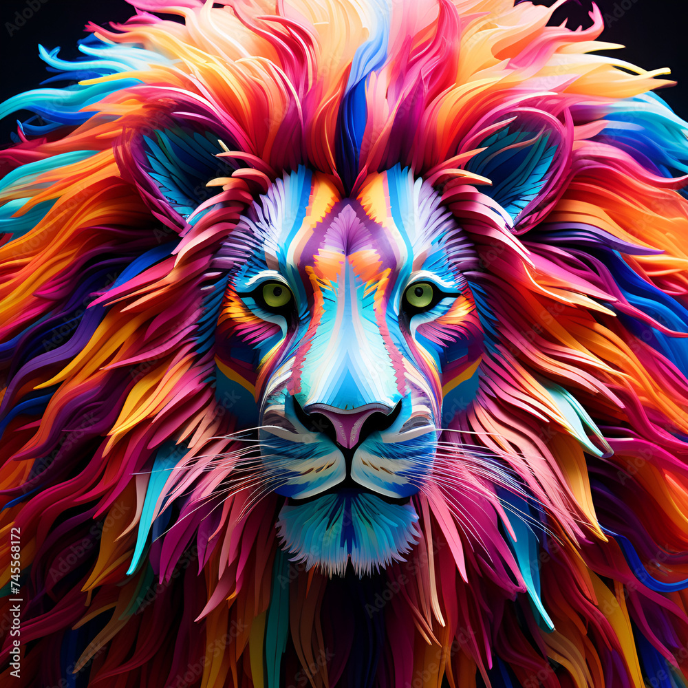 Threaded Majesty: Unveiling the Illusory Beauty of a Multicolored Lion Sculpted from Threads, Where Imagination and Reality Converge